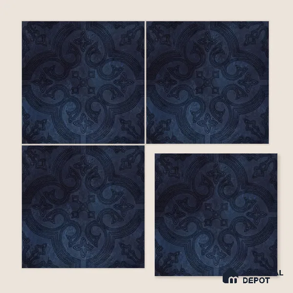 Moroccan Floor Tile TL 12131 F 20418 Octavia Space Blue 1 ft x 1 ft Carving Matte Finish Vitrified Tile - 9 mm | Suitable For Bathroom, Balcony, Kitchen