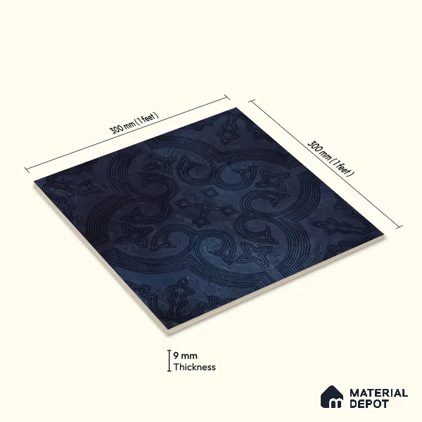 Moroccan Floor Tile TL 12131 F 20418 Octavia Space Blue 1 ft x 1 ft Carving Matte Finish Vitrified Tile - 9 mm | Suitable For Bathroom, Balcony, Kitchen