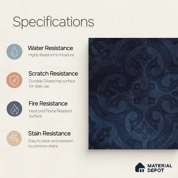 Moroccan Floor Tile TL 12131 F 20418 Octavia Space Blue 1 ft x 1 ft Carving Matte Finish Vitrified Tile - 9 mm | Suitable For Bathroom, Balcony, Kitchen