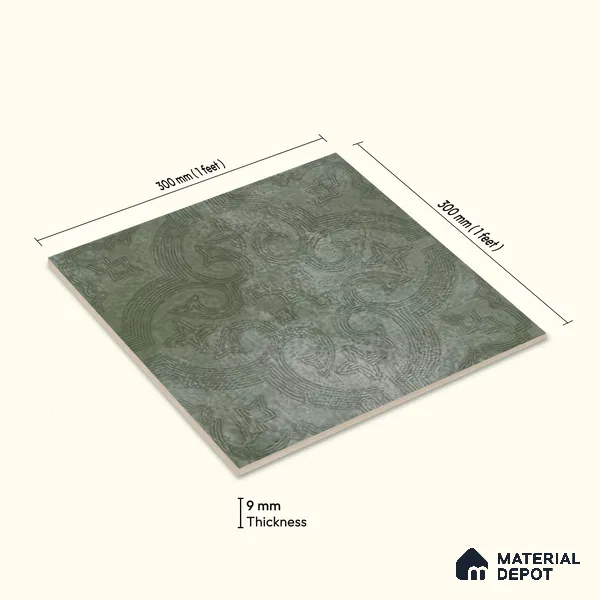 Moroccan Floor Tile TL 12131 I 20420 Octavia Forest Green 1 ft x 1 ft Carving Matte Finish Vitrified Tile - 9 mm | Suitable For Bathroom, Balcony, Kitchen