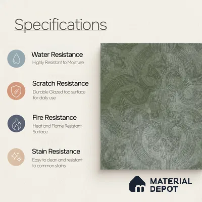 Moroccan Floor Tile TL 12131 I 20420 Octavia Forest Green 1 ft x 1 ft Carving Matte Finish Vitrified Tile - 9 mm | Suitable For Bathroom, Balcony, Kitchen