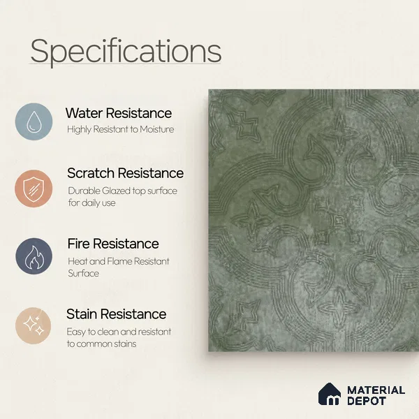 Moroccan Floor Tile TL 12131 I 20420 Octavia Forest Green 1 ft x 1 ft Carving Matte Finish Vitrified Tile - 9 mm | Suitable For Bathroom, Balcony, Kitchen