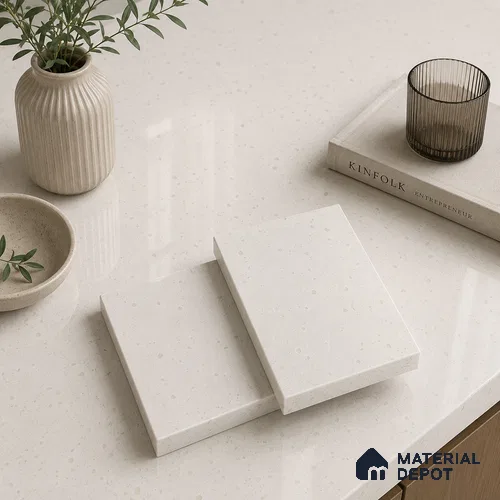Terrazzo Large Format Slab TL 12216 B Pallazio Pearl 8 ft x 2.62 ft White Full Body Glossy Finish - 15 mm | Suitable for Counter Top, Table Top & Window Frame