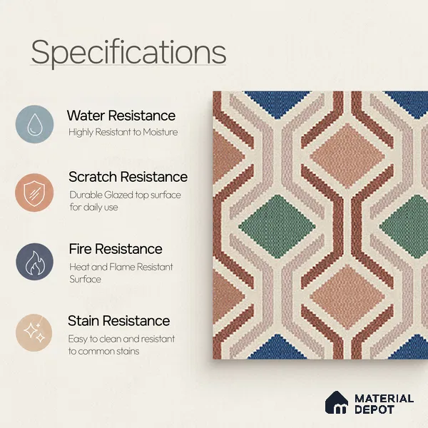 Moroccan Floor Tile TL 12347 PS 355 1 ft x 1 ft Matte Finish Ceramic Tile - 9 mm | Suitable For Bathroom, Balcony, Kitchen