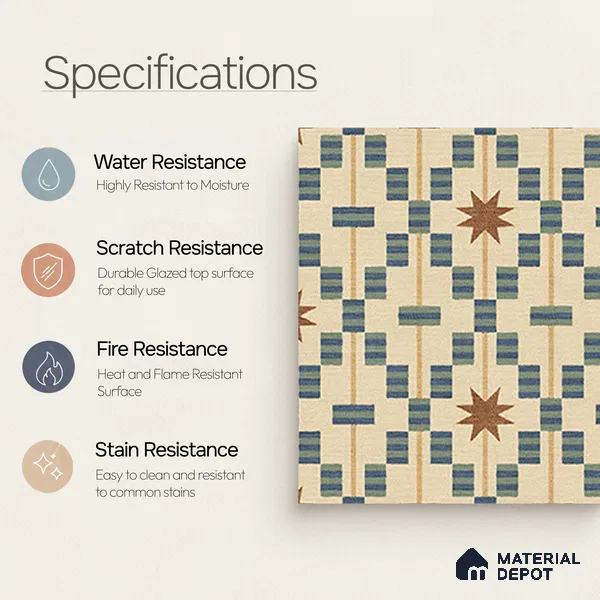Moroccan Floor Tile TL 12355 PS 363 1 ft x 1 ft Matte Finish Ceramic Tile - 9 mm | Suitable For Bathroom, Balcony, Kitchen