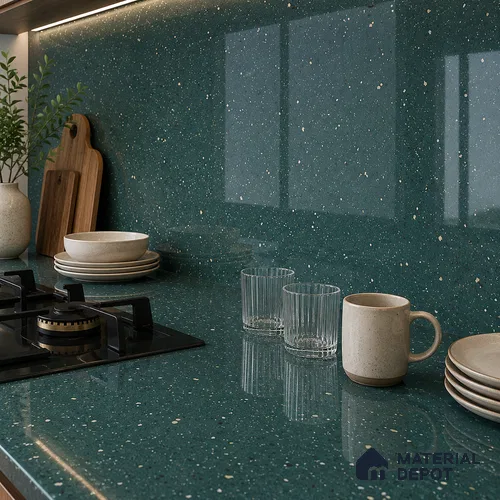 Terrazzo Large Format Slab TL 12554 Pallazio Emerald 8 ft x 2.62 ft White Full Body Glossy Finish - 15 mm | Suitable for Counter Top, Table Top & Window Frame