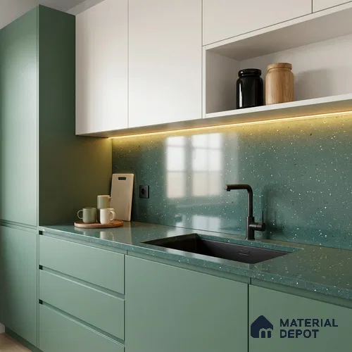 Terrazzo Large Format Slab TL 12554 Pallazio Emerald 8 ft x 2.62 ft White Full Body Glossy Finish - 15 mm | Suitable for Counter Top, Table Top & Window Frame