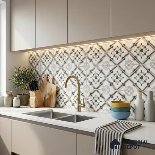 Moroccan Wall & Floor Tile TL 12588 Stella Classic  8 inch x 8 inch White Body Vitrified Glue Matte Finish - 9 mm | Suitable for Living Room, Bathroom, Dining & Highlighter Wall