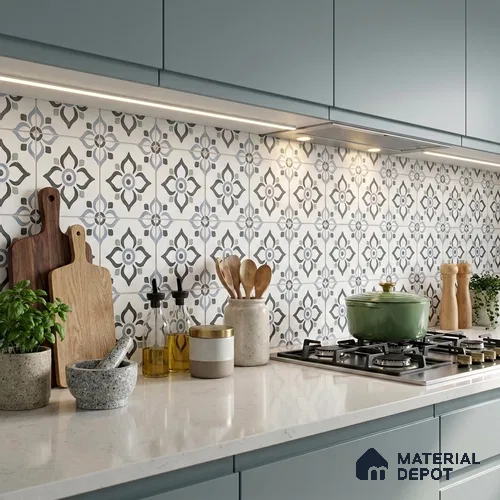 Moroccan Wall & Floor Tile TL 12589 Rialto Flora 8 inch x 8 inch White Body Vitrified Glue Matte Finish - 9 mm | Suitable for Living Room, Bathroom, Dining & Highlighter Wall