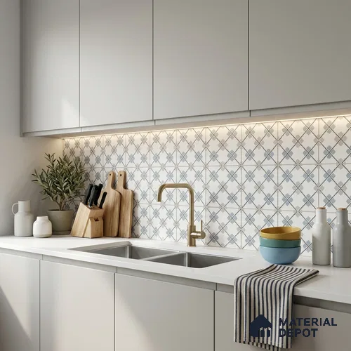 Moroccan Wall & Floor Tile TL 12590 Tivoli Petal  8 inch x 8 inch White Body Vitrified Glue Matte Finish - 9 mm | Suitable for Living Room, Bathroom, Dining & Highlighter Wall
