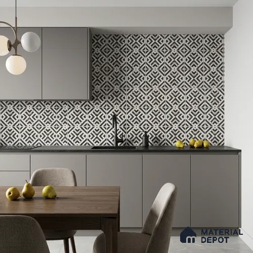 Moroccan Wall & Floor Tile TL 12594 Tridant Nero 8 inc x 8 inc White Body Vitrified Matte Finish - 9 mm | Suitable for Living Room, Bathroom, Dining & Highlighter Wall