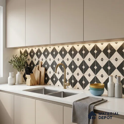 Moroccan Wall & Floor Tile TL 12595 Evora Nero 8 inc x 8 inc White Body Vitrified Matte Finish - 9 mm | Suitable for Living Room, Bathroom, Dining & Highlighter Wall