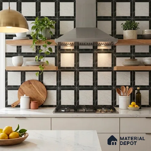 Geometric Floor Tile TL 12599 B Quadro Nero 1 ft x 1 ft White Body Vitrified Matte Finish - 9 mm | 4 Random Design | Living Room, Foyer, Office & Dining | Minimum 2 mm Spacer Is Mandatory
