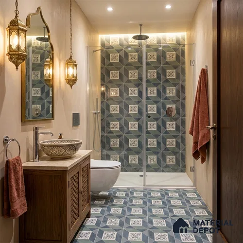 Moroccan Floor Tile TL 12601 Verona Azul 1 ft x 1 ft White Body Vitrified Matte Finish - 9 mm | 4 Random Design | Living Room, Foyer, Office & Dining | Minimum 2 mm Spacer Is Mandatory