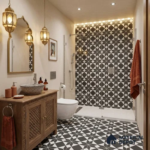 Moroccan Floor & Wall Tile TL 12609 Petal Black 1 ft x 1 ft Ceramic Carving Matte Finish - 9.5 mm | Living Room, Kitchen Wall & Backsplashes, Dining & Bathroom