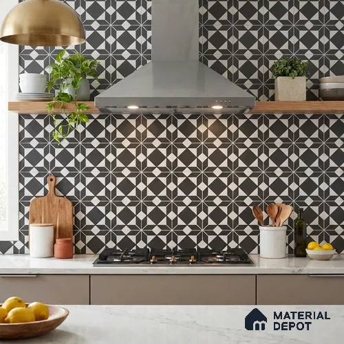 Moroccan Floor & Wall Tile TL 12609 Petal Black 1 ft x 1 ft Ceramic Carving Matte Finish - 9.5 mm | Living Room, Kitchen Wall & Backsplashes, Dining & Bathroom
