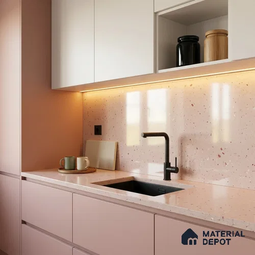 Terrazzo Large Format Slab TL 12665 Pallazio Blossom 8 ft x 2.62 ft White Full Body Glossy Finish - 15 mm | Suitable for Counter Top, Table Top & Window Frame