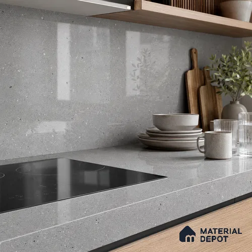 Terrazzo Large Format Slab TL 12667 Pallazio Steel 8 ft x 2.62 ft White Full Body Glossy Finish - 15 mm | Suitable for Counter Top, Table Top & Window Frame