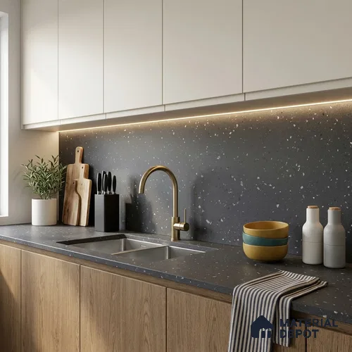 Terrazzo Large Format Slab TL 12668 B Pallazio Graphite 8 ft x 2.62 ft White Full Body Matte Finish - 15 mm | Suitable for Counter Top, Table Top & Window Frame