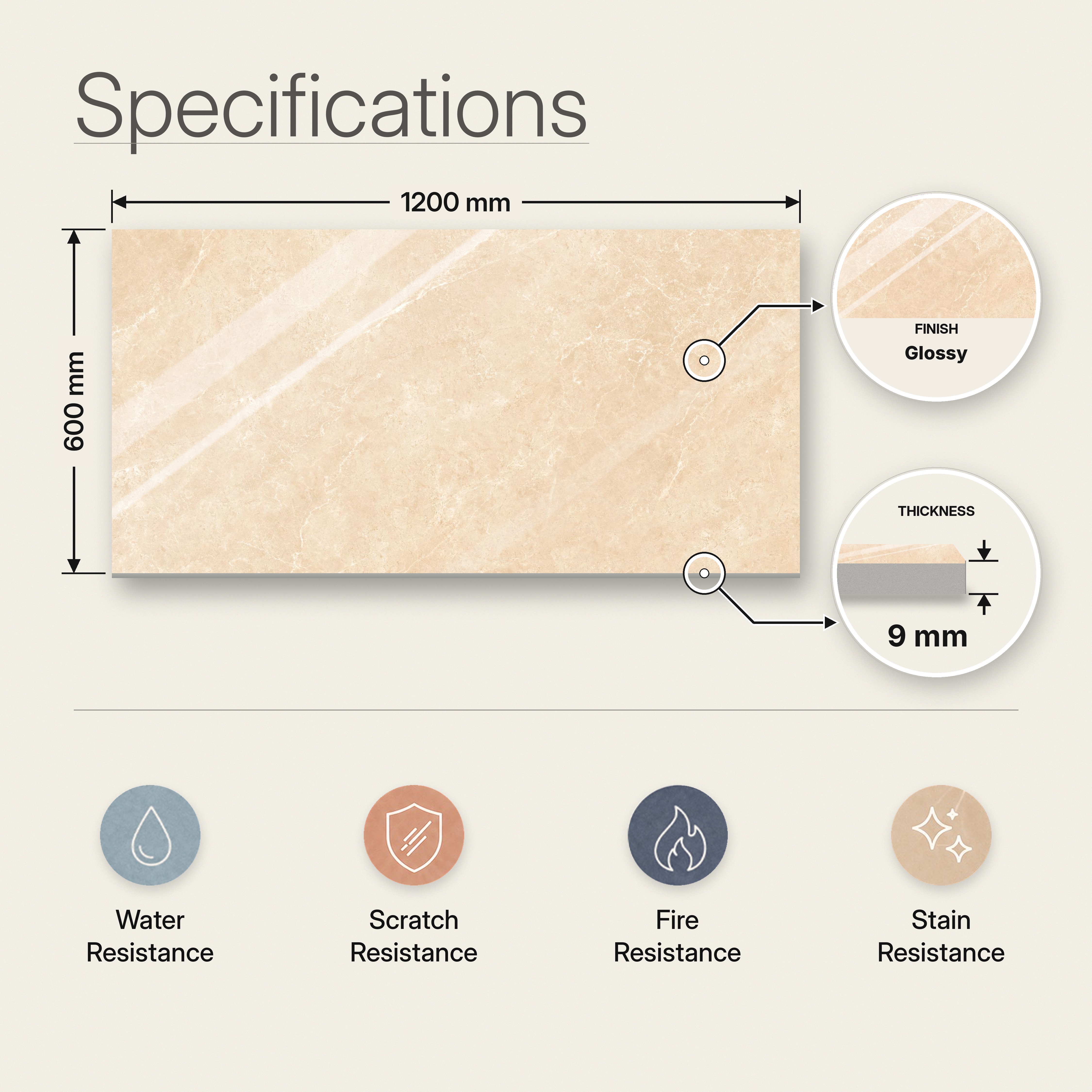 Marble Wall & Floor Tile TL 12704 Beige 4 ft x 2 ft Glossy Finish Vitrified Tile - 9 mm | 6 Random Designs | Suitable For Living Room, Bedroom, Dining