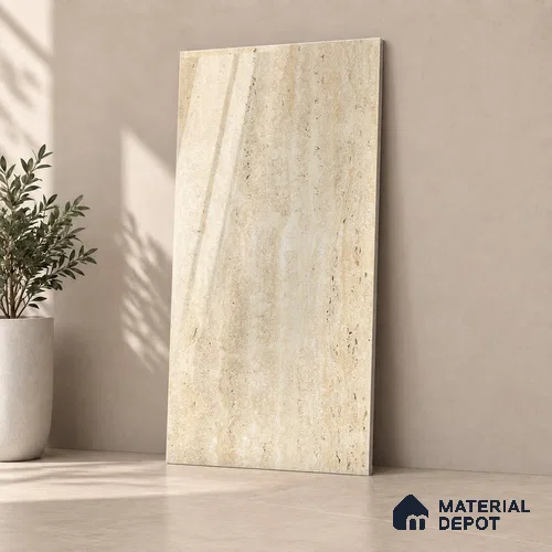 Marble Travertine Wall & Floor Tile TL 12723 Gialo 4 ft x 2 ft Glossy Finish Vitrified Tile - 8 mm | 2 Random Designs | Suitable for Living Room, Dining, Feature / Accent Walls