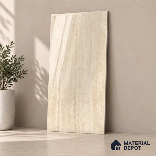 Marble Travertine Wall & Floor Tile TL 12723 B Ivory 4 ft x 2 ft Glossy Finish Vitrified Tile - 8 mm | 6 Random Designs | Suitable for Living Room, Dining, Feature / Accent Walls