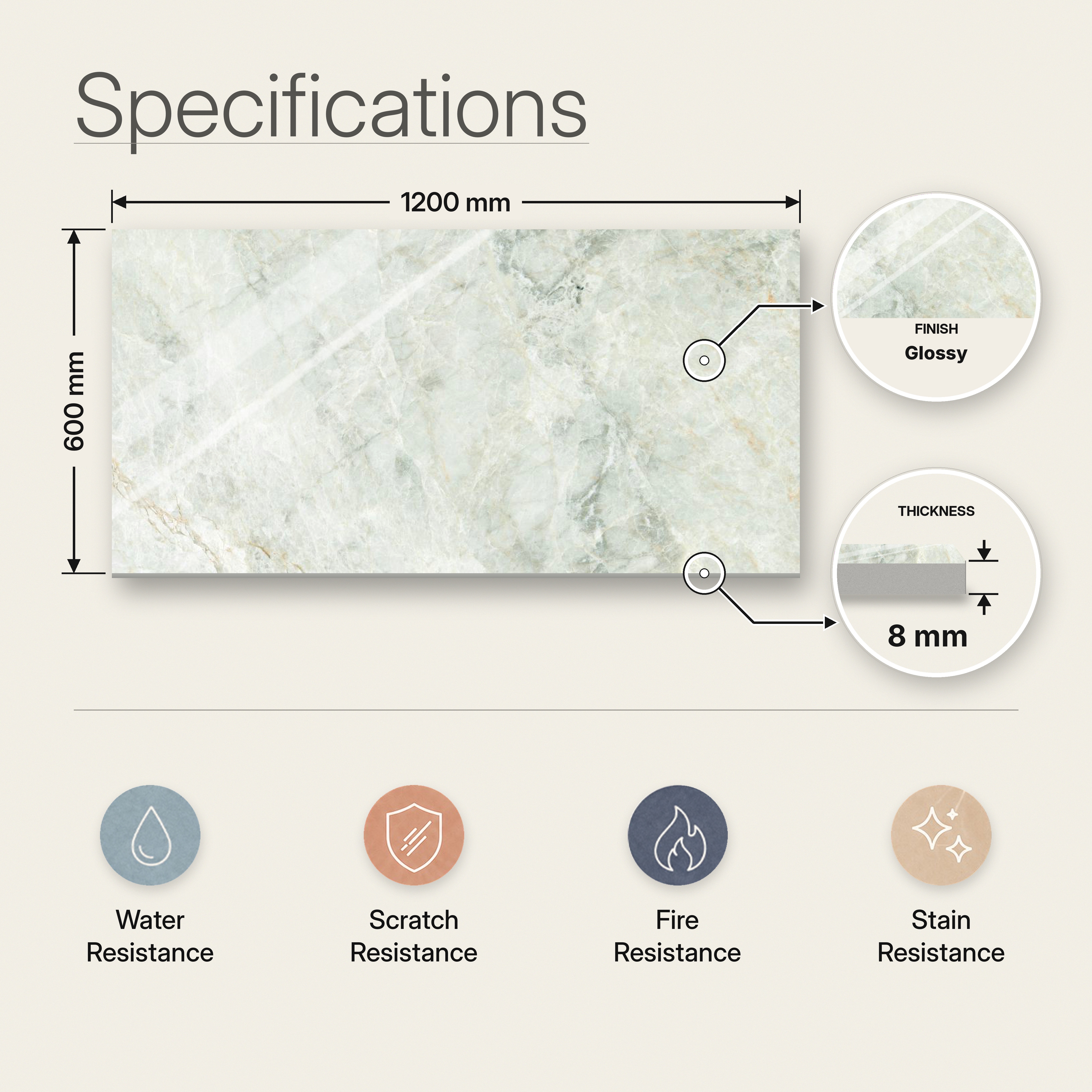 Marble Wall & Floor Tile TL 12727 B Arctic Pista Base 4 ft x 2 ft Glossy Finish Vitrified Tile - 8 mm | 5 Random Designs | Suitable For Living Room, Bedroom, Dining