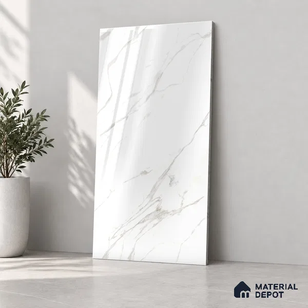 Marble Endless Wall & Floor Tile TL 12730 White 4 ft x 2 ft Glossy Finish Vitrified Tile - 8 mm | 4 Random Designs | Suitable For Living Room, Bedroom, Dining