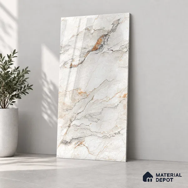 Marble Endless Wall & Floor Tile TL 12732 White 4 ft x 2 ft Glossy Finish Vitrified Tile - 8 mm | 3 Random Designs | Suitable For Living Room, Bedroom, Dining