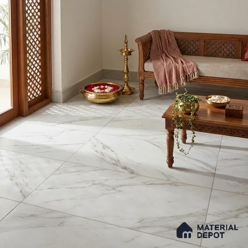 Marble Wall & Floor Tile TL 12756 White 4 ft x 2 ft Matte Carving Finish Vitrified Tile - 9 mm | 4 Random Designs | Suitable For Living Room, Bedroom, Kitchen