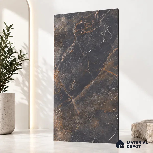Marble Wall & Floor Tile TL 12775 C Black 4 ft x 2 ft Punch Matte Finish Vitrified Tile - 9 mm | Suitable For Living Room, Bedroom, Kitchen