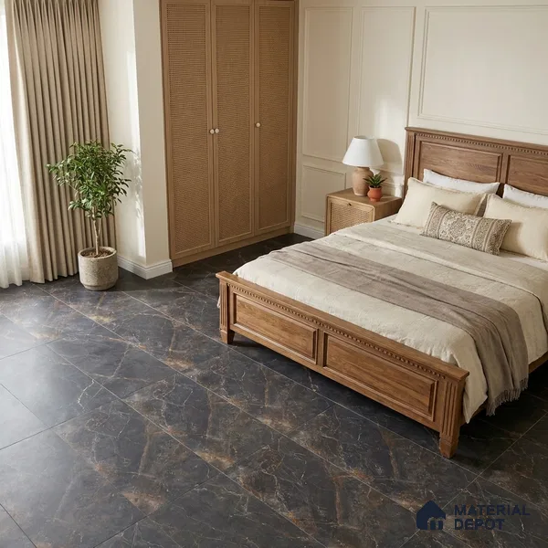 Marble Wall & Floor Tile TL 12775 C Black 4 ft x 2 ft Punch Matte Finish Vitrified Tile - 9 mm | Suitable For Living Room, Bedroom, Kitchen