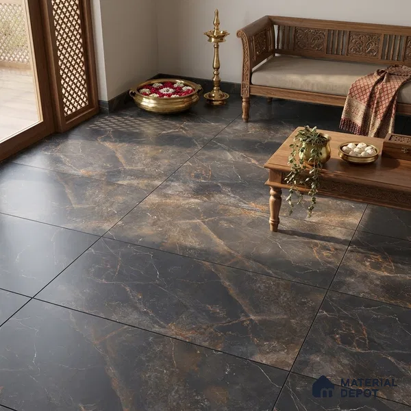 Marble Wall & Floor Tile TL 12775 C Black 4 ft x 2 ft Punch Matte Finish Vitrified Tile - 9 mm | Suitable For Living Room, Bedroom, Kitchen