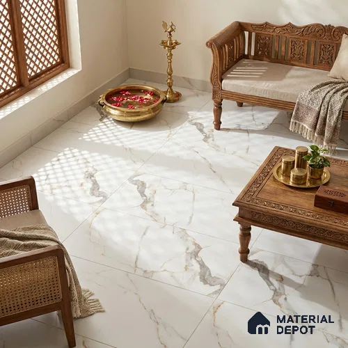 Marble Wall & Floor Tile TL 12782 White 4 ft x 2 ft Matte Carving Finish Vitrified Tile - 9 mm | 6 Random Designs | Suitable For Living Room, Bedroom, Kitchen
