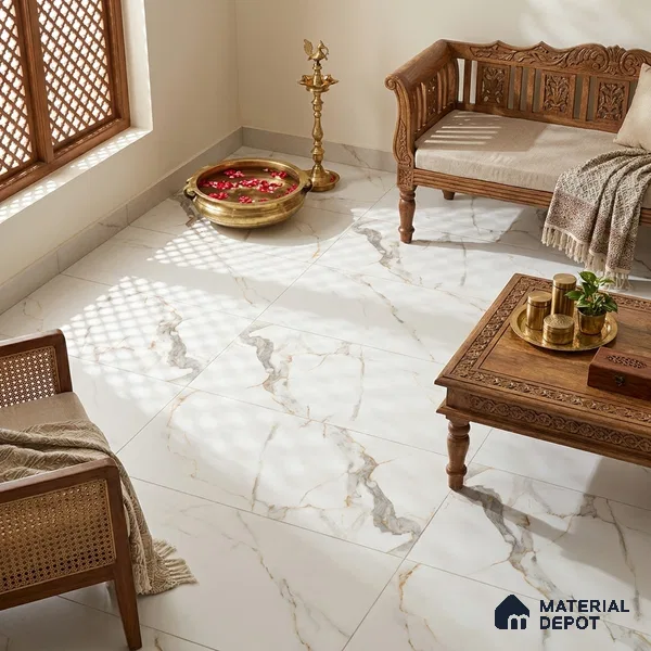 Marble Wall & Floor Tile TL 12782 White 4 ft x 2 ft Matte Carving Finish Vitrified Tile - 9 mm | 6 Random Designs | Suitable For Living Room, Bedroom, Kitchen
