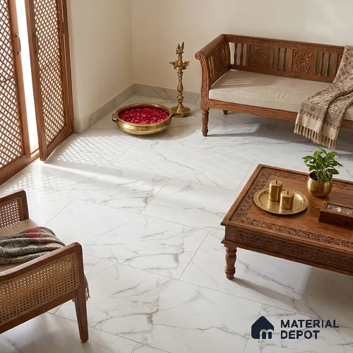 Marble Wall & Floor Tile TL 12783 White 4 ft x 2 ft Matte Carving Finish Vitrified Tile - 9 mm | 3 Random Designs | Suitable For Living Room, Bedroom, Kitchen