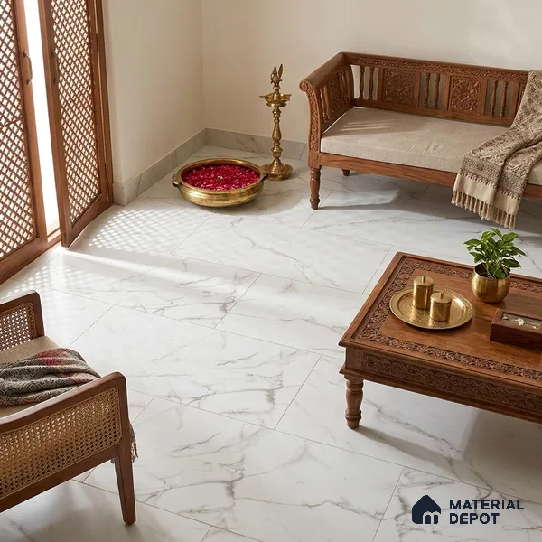 Marble Wall & Floor Tile TL 12783 White 4 ft x 2 ft Matte Carving Finish Vitrified Tile - 9 mm | 3 Random Designs | Suitable For Living Room, Bedroom, Kitchen