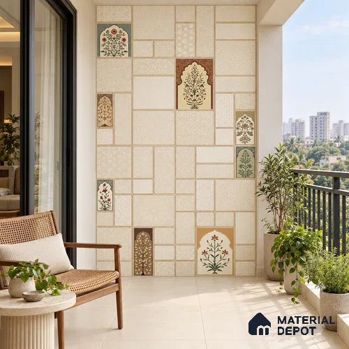 Moroccan Wall Highlighter Tile TL 12797 Ivory Mughal Arch Patchwork 4 ft x 2 ft Vitrified Matte Finish - 9 mm | 4 Random Designs | Suitable for Living Room, Bedroom, Foyer & Highlighter Walls