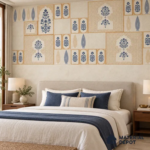 Floral Wall Highlighter Tile TL 12797 C Indigo Mughal Block Print 4 ft x 2 ft Vitrified Matte Finish - 9 mm | 4 Random Designs | Suitable for Living Room, Bedroom, Foyer & Highlighter Walls