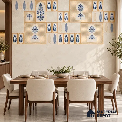 Floral Wall Highlighter Tile TL 12797 C Indigo Mughal Block Print 4 ft x 2 ft Vitrified Matte Finish - 9 mm | 4 Random Designs | Suitable for Living Room, Bedroom, Foyer & Highlighter Walls