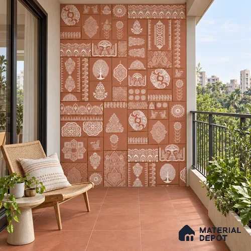 Ethnic Wall Highlighter Tile TL 12797 E Terracotta Mandala Paisley 4 ft x 2 ft Vitrified Matte Finish - 9 mm | 4 Random Designs | Suitable for Living Room, Bedroom, Foyer & Highlighter Walls