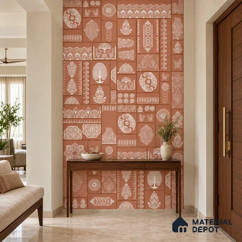 Ethnic Wall Highlighter Tile TL 12797 E Terracotta Mandala Paisley 4 ft x 2 ft Vitrified Matte Finish - 9 mm | 4 Random Designs | Suitable for Living Room, Bedroom, Foyer & Highlighter Walls