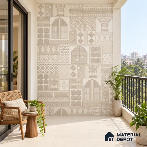 Ethnic Wall Highlighter Tile TL 12797 H Beige Jharokha Heritage 4 ft x 2 ft Vitrified Matte Finish - 9 mm | 4 Random Designs | Suitable for Living Room, Bedroom, Foyer & Highlighter Walls