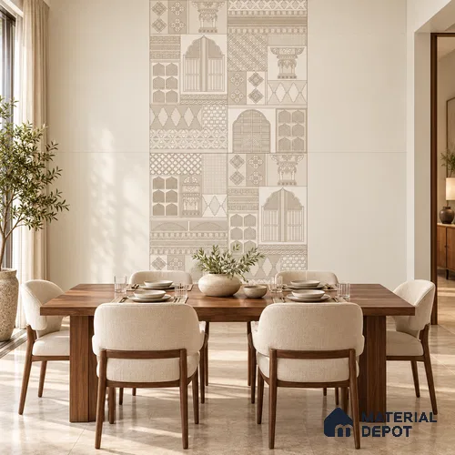 Ethnic Wall Highlighter Tile TL 12797 H Beige Jharokha Heritage 4 ft x 2 ft Vitrified Matte Finish - 9 mm | 4 Random Designs | Suitable for Living Room, Bedroom, Foyer & Highlighter Walls