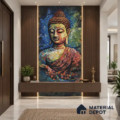 Faux Mosaic Mural Poster Wall Tile TL 12853 Buddha Hood (A+B) 4 ft x 2 ft Glue Matt 4D Pro Finish Double Digital Vitrified Tile - 9 mm | (Order Set 1 & 2 Given Below For Full Frame)