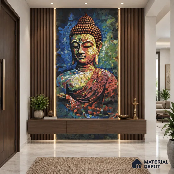 Faux Mosaic Mural Poster Wall Tile TL 12853 Buddha Hood (A+B) 4 ft x 2 ft Glue Matt 4D Pro Finish Double Digital Vitrified Tile - 9 mm | (Order Set 1 & 2 Given Below For Full Frame)