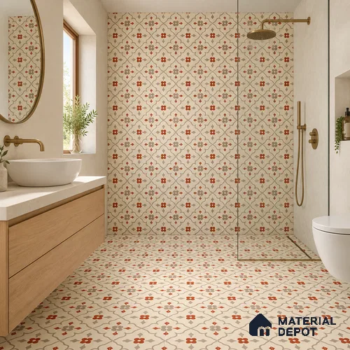Moroccan Floor & Wall Carpet Centre Tile TL 12854 O | 1 ft x 1 ft Matte Finish Ceramic Tile - 10 mm | Suitable For Kitchen, Bathroom, Balcony