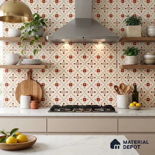 Moroccan Floor & Wall Carpet Centre Tile TL 12854 O | 1 ft x 1 ft Matte Finish Ceramic Tile - 10 mm | Suitable For Kitchen, Bathroom, Balcony
