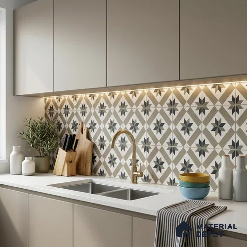 Subway Floor & Wall Tile TL 12868 Beige-Navy Star Geometric 8 x 8 inch Matte Finish Porcelain Tile - 9 mm