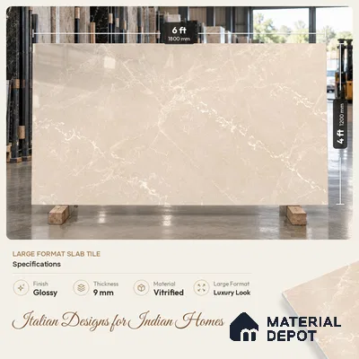 Marble Floor & Wall Tile TL 12914 Tunisia Beige 6 ft x 4 ft Velvet Finish Vitrified Tile - 9 mm | 3 Random Design | Suitable For Living Room, Bedroom & Dining